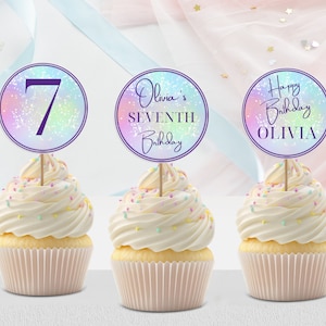 Printable Girls 7th Birthday Cupcake Toppers Template Purple Rainbow ...