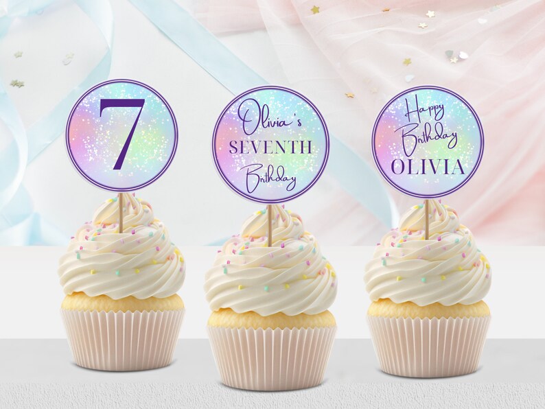 Printable Girls 7th Birthday Cupcake Toppers Template Purple Rainbow ...