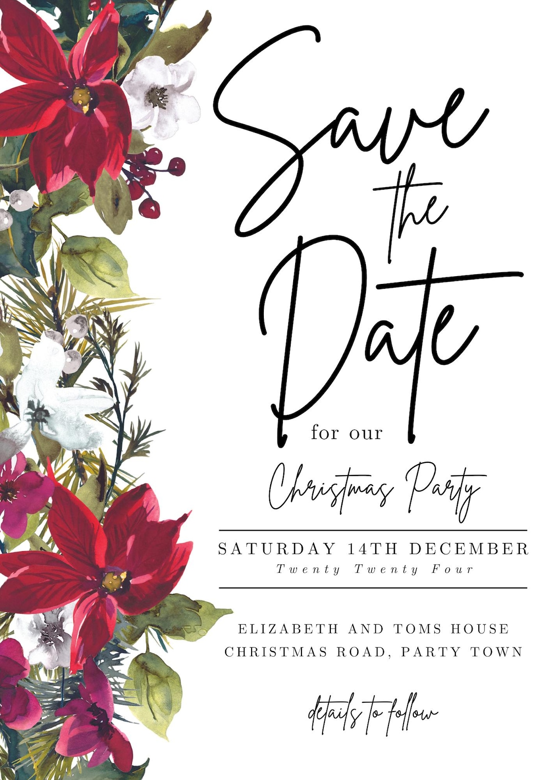 Save the Date Christmas Party Invitation Card Template, Holiday Drinks Invite, Family Gathering ...