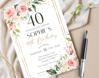 Summer Florals 40th Birthday Invitation For Her, Digital Template, Blush Pink & Gold Edit in Canva, Printable Party Invite, Instant Download