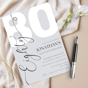 Printable 80th Birthday Party Invitation, Digital Template, Monochrome For Him Male Masculine, Edit in Canva, Man's Invite, Instant Download