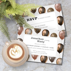 Men's 60th Birthday Invitation & RSVP Card Template, Bronze Balloons, Editable in Canva DIY Digital Printable Party Invite, Instant Download