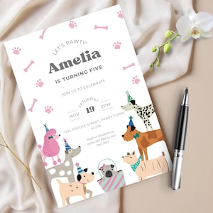 Dog Fifth Birthday Invitation Template, Let's Pawty Girls 5th Invite, Edit Canva Instant Download, Printable Party Cute Cartoon Puppies Pups