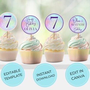 Printable Girls 7th Birthday Cupcake Toppers Template Purple Rainbow ...