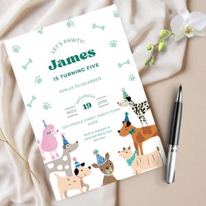 Dog Fifth Birthday Invitation Template, Let's Pawty Girl Boys 5th Invite, Edit Canva Instant Download, Printable Party Cute Cartoon Puppies