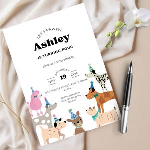 Dog Fourth Birthday Invitation Template, Let's Pawty Girl Boys 4th Invite, Edit Canva Instant Download, Printable Party Cute Cartoon Puppies