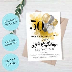50th Birthday Party Invitation Digital Template for Him, Male, Black & Gold Balloons, Editable in Canva, Printable Man Birthday Invite