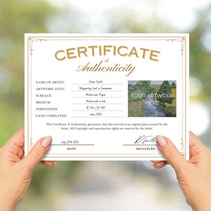 Printable Certificate of Authenticity For Art, Template & PDF, Instant Download, Digital COA, Hand Write or Edit in Canva, A4 or 8.5" x 11"