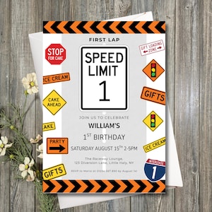 Speed Limit Birthday Invitation, Boys Girls 1st Party Invite Template, Edit in Canva, Instant Download, Road Signs, Cars First Lap, Fast One