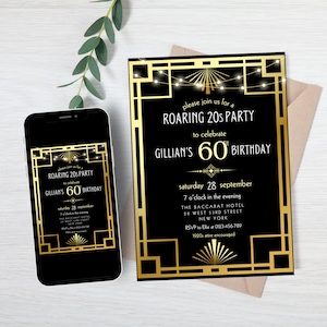 Roaring 20s Art Deco Themed 60th Birthday Invitation, Digital Template, Printable 1920s Party Invite Black and Gold, Canva Instant Download