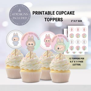 Labubu Printable Birthday Cupcake Toppers, Round 2&quot; Favor Tags DIY Party Decorations Kawaii Monsters Instant Digital Download