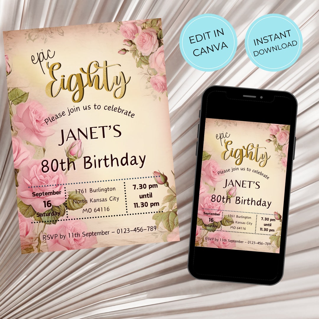 Vintage Pink Roses Epic 80th Birthday Invitation Digital Template ...