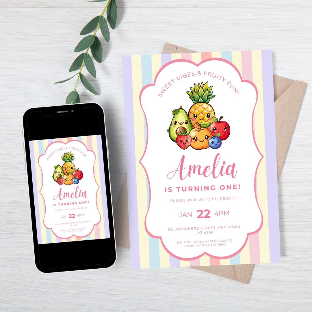 Dancing Fruit Birthday Invitation Template, Printable Girls First 1st
