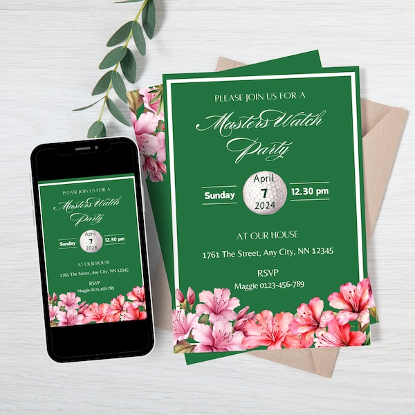 Masters Golf Watch Party Invitation Template, Masters Viewing Party Golf Party, Canva Editable Invitation Template, Instant Download Azaleas