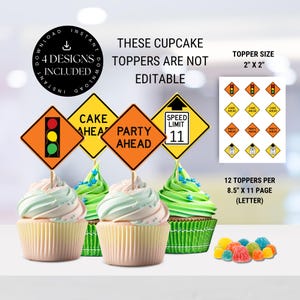 11th Birthday Road Sign Cupcake Toppers, 2" Diamond Cake Flags, Printable Roadsign Eleventh Boys Party Decorations, Construction Speed Limit
