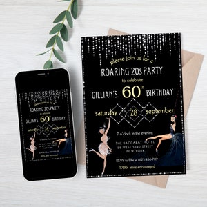 Roaring 20s Art Deco Themed 60th Birthday Invitation, Digital Template, Printable 1920s Party Invite, Gatsby Flapper, Canva Instant Download