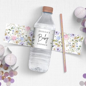 Wildflower Baby Shower Water Bottle Labels, Baby Shower Decorations Edit in Canva Baby in Bloom Waterbottle Labels Template Instant Download