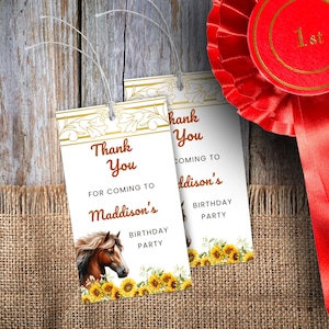 Printable Horse Sunflower Thank You Tags, Birthday Party Favor Labels, Editable Template, Girls Personalized Decorations, Instant Download
