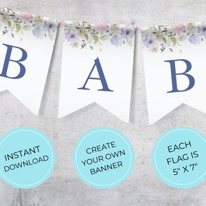 Printable Wildflower Bunting Template, Baby in Bloom, Baby Shower Decorations, Edit in Canva Watercolor Summer Florals,  Instant Download