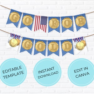 Editable Go For Gold Bunting Banner Template, Instant Download, Edit in Canva, Printable Customizable Summer Games Watch Party Flags USA GB