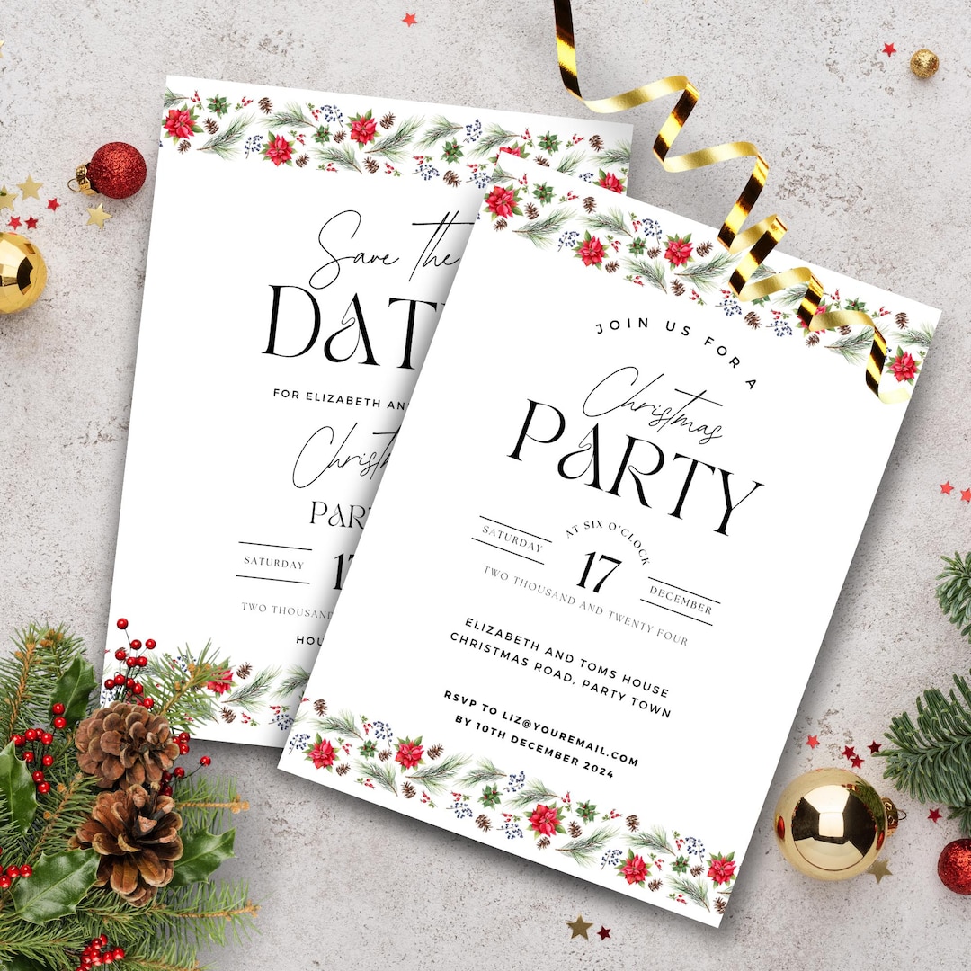 Save the Date &amp; Christmas Party Invitation Cards, Holiday Drinks Invite Poinsettia Border ...