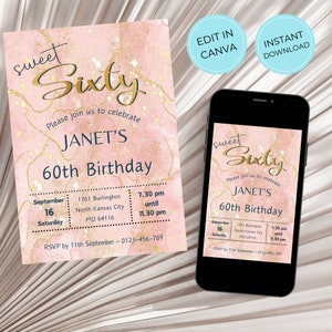 Sweet Sixty 60th Birthday Invitation Digital Template, Blush Pink and Gold, Editable in Canva, Printable Party Invite Her, Instant Download