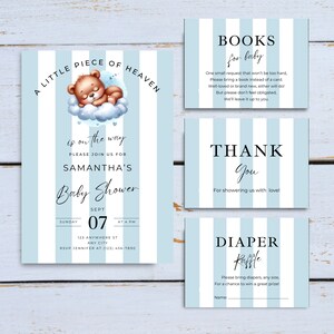 A Little Piece of Heaven Baby Shower Invite Bundle, Boys Invitation, Book Request, Diaper Raffle, Thank You Cards, Printable, Edit in Canva