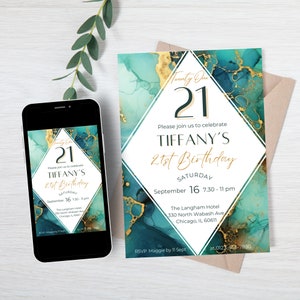 21st Birthday Invitation Digital Template, Turquoise Gold Marble, Editable in Canva, Printable Woman&#39;s Party Invite for Her Instant Download