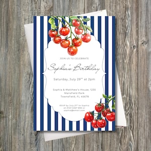 Tomato Birthday Invitation, Printable Invite Template Instant Download, Watercolor Cherry On The Vine Elegant Italian Food Garden Party