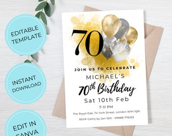 70th Birthday Party Invitation Digital Template for Him, Male, Black & Gold Balloons, Editable in Canva, Printable Man Birthday Invite