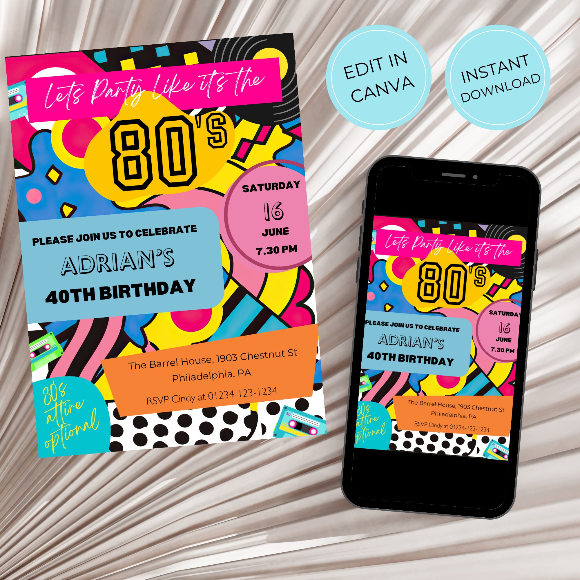 Editable 80s Party Invitation Template, Retro Back to the 80s