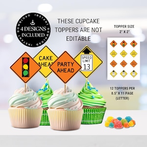 13th Birthday Road Sign Cupcake Toppers, 2" Diamond Cake Flags, Printable Official Teenager Boys Party Decorations, Construction Speed Limit