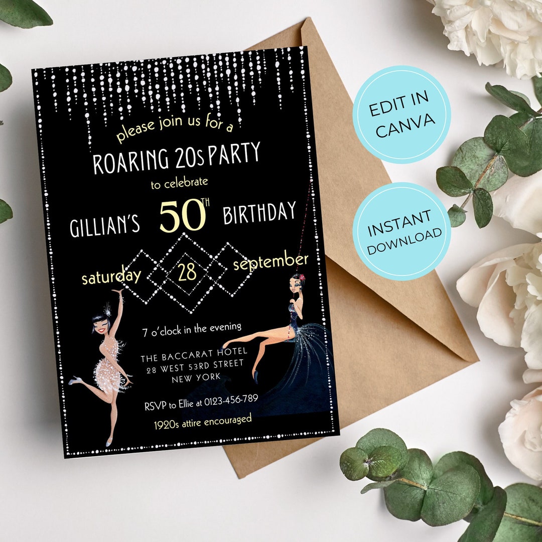 Roaring 20s Art Deco Themed 50th Birthday Invitation, Digital Template ...