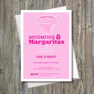 Moo Moos & Margaritas Party Invitation: Girls Night Out, Pink, 3 Spelling Options (Canva Template)