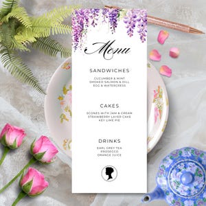 Bridgerton Menu, Birthday Afternoon Tea Party, Digital Template, Wisteria Regency Period Theme, Edit in Canva, Printable Instant Download