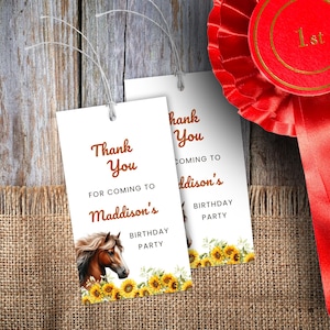 Printable Horse Sunflower Thank You Tags, Birthday Party Favor Labels, Editable Template, Girls Personalized Decorations, Instant Download