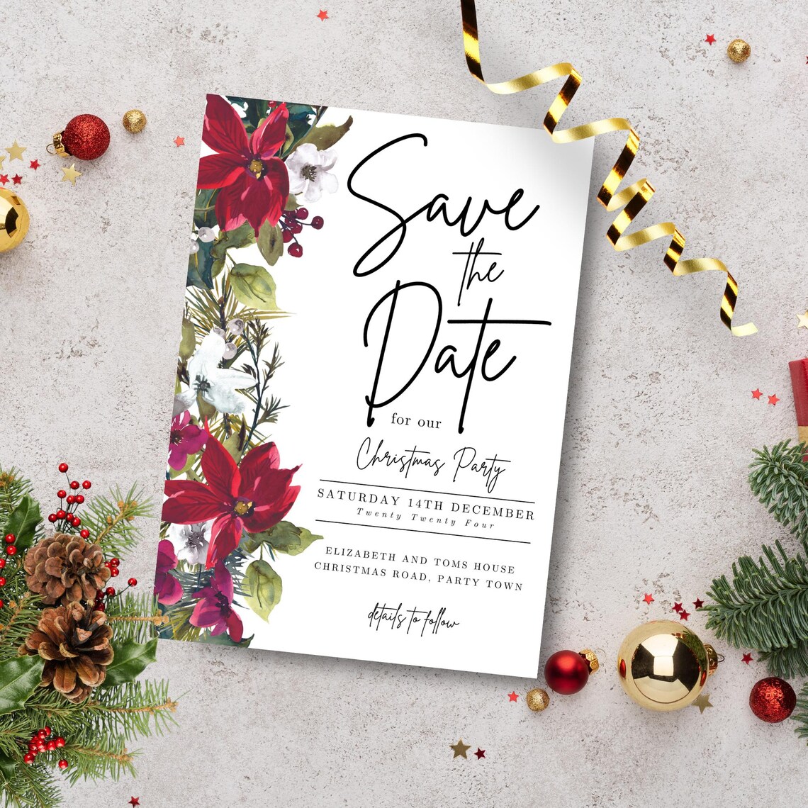 Save the Date Christmas Party Invitation Card Template, Holiday Drinks Invite, Family Gathering ...