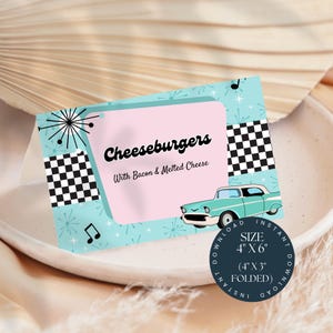 1950s Sock Hop Food Tent Cards Template Fifties Party Decorations, Instant Download Edit Canva Vintage Retro Rock n Roll Diner Buffet Labels