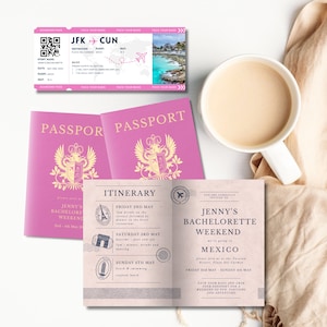 Printable Passport & RSVP Boarding Pass Bachelorette Weekend Invitation Template, Edit Canva, Travel Trip Destination Party Instant Download