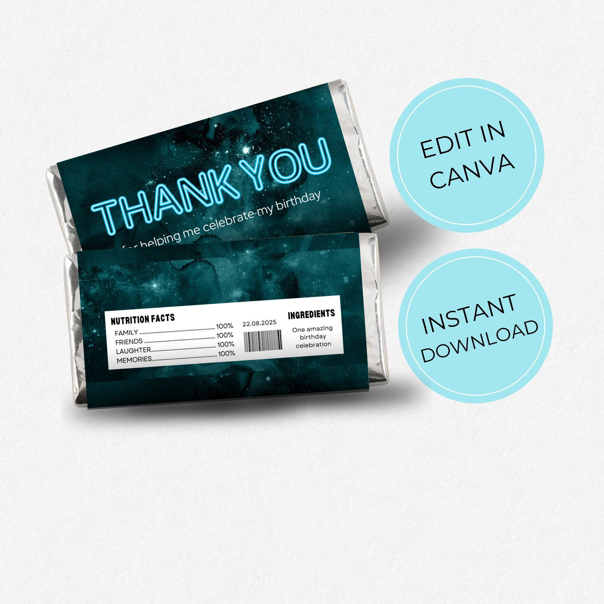 Blue Neon Editable Chocolate Bar Wrapper Template, Boys Party Thank You ...