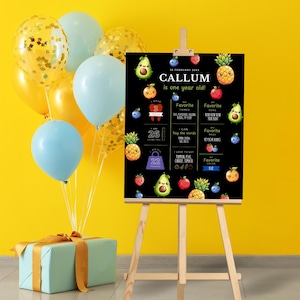 Dancing Fruit 1st Birthday Milestone Board Template Edit Canva Instant Download, Boy Girl First Year Printable Party Decorations Sign Poster