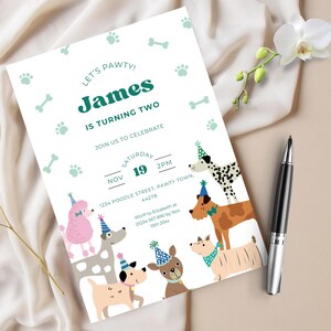 Dog Second Birthday Invitation Template, Let's Pawty Girl Boys 2nd Invite, Edit Canva Instant Download, Printable Party Cute Cartoon Puppies