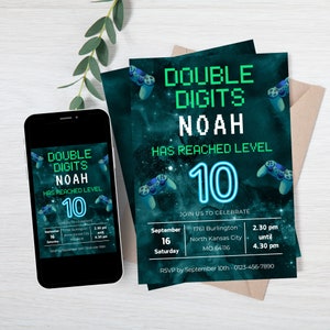 Double Digit Birthday Invitation Boy, Canva Editable 10th Birthday Template Instant Download Boys 10th Birthday Invite, Retro Gamer Level 10