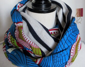 Grand foulard tube ou snood en wax doublé lainage marin