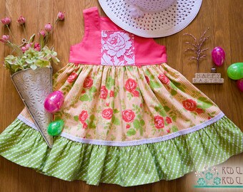 Talla 3T Spring / Easter vestido de niñas pequeñas, corpiño de coral con encaje blanco incrustado de rosas, falda de rayas naranjas con rosas de coral, volantes verde lima
