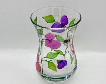 Sweet Peas and Bee Design Mini Posy Vase, Hand painted glass vase