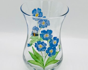 Forget-me-nots and Bee Mini Posy Vase, Hand Painted Glass Vase