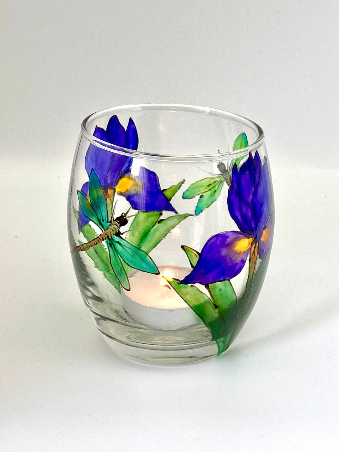 Iris and Dragonflies Design Votive/candle Holder Etsy