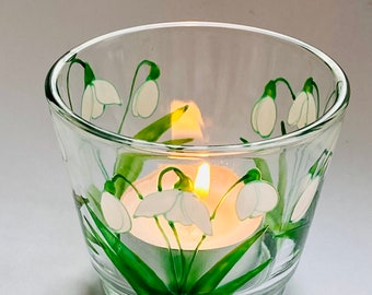 Snowdrops Design, Votive, Tealight Holder, Hand Painted Glass Candle