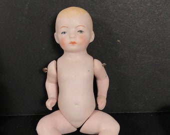 Vintage 1945 Jointed Celluloid Baby Girl Doll with Bottle